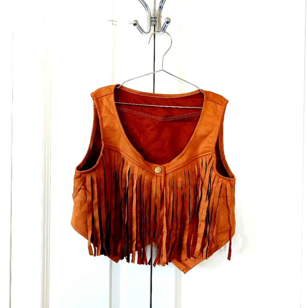 Fringe Faux Suede Country Western Crop Vest Approx Medium Halloween‎ Costume